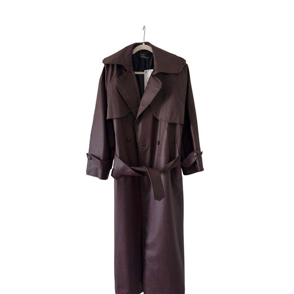 NWT Hot Fashion Burgundy Faux Leather Trench Coat Belted Long Coat One Size - Picture 6 of 11